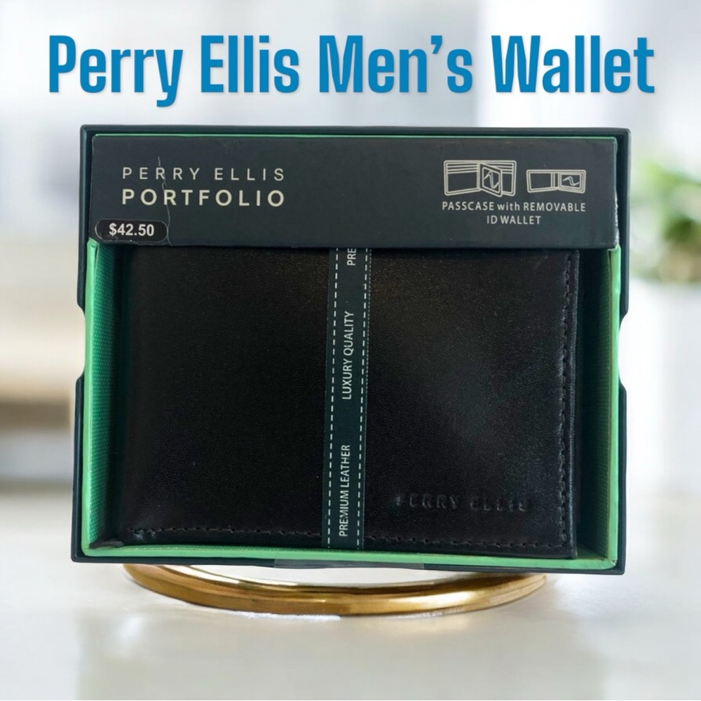 Perry Ellis Portfolio Men’s Spine Joint Bifold Black Wallet NWT